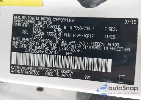 2015 Toyota 4Runner Sr5 из США, поврежденный, VIN JTEZU5JR6F5109818